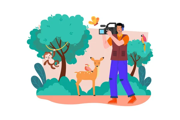Egy Vadon Élő Videós Felvételeket Készít Állatokról Természetes Élőhelyükön — Stock Vector
