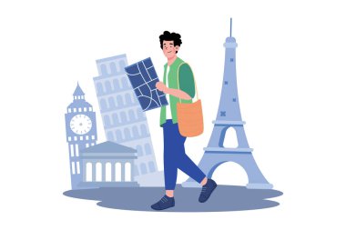 Şehirdeki yerleri keşfetmek için yürüyen bir adam.