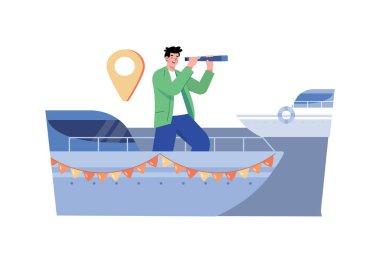 İnsanlar yabancı yerleri keşfetmek için tekneye biniyor.