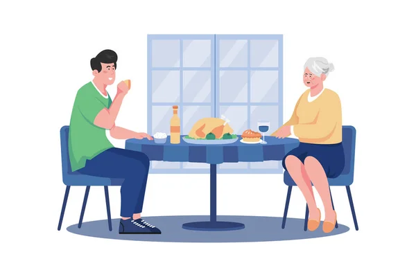 Kadınlar Günü Nde Erkek Annesiyle Güzel Yemeği — Stok Vektör