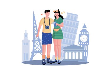 Bir çift güzel turistik yerlerde fotoğraf çekiyor.