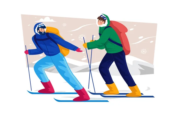 Лыжный Инструктор Преподает Начинающим Лыжникам Кататься Лыжах Праздник — стоковый вектор