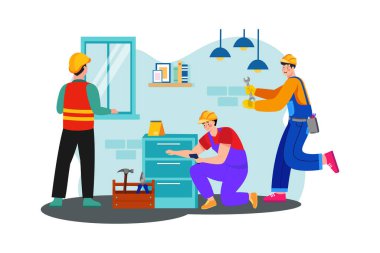 Bir inşaat ekibi yeni inşa edilmiş bir eve elektrik tesisatı ve armatürler kuruyor..