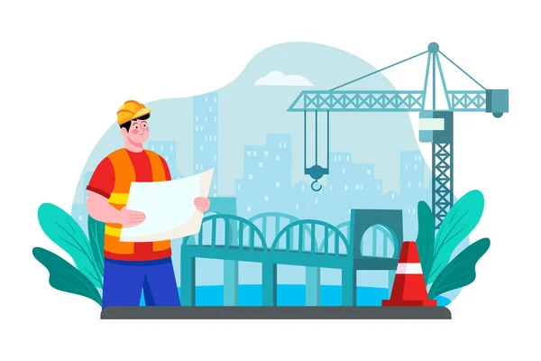 Empreiteiro Supervisiona Construção Uma Ponte Sobre Grande Rio — Vetor de Stock
