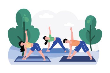 Bir grup arkadaş sabah yoga yapmak için parkta toplanıyor..