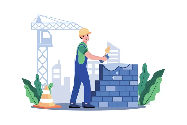 Robotnik Budowlany Układa Cegły Solidną Ścianę — Wektor stockowy
