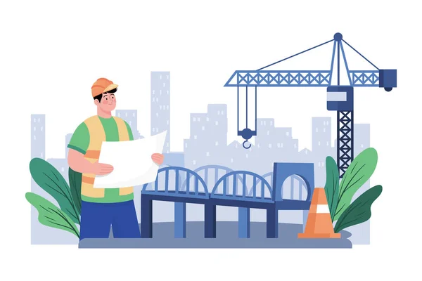 Contratante Supervisiona Construção Pontes Sobre Rio — Vetor de Stock