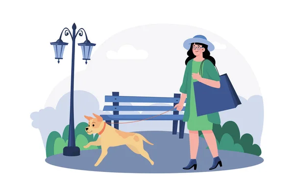 Una Mujer Lleva Perro Dar Paseo Matutino Por Parque Del — Vector de stock