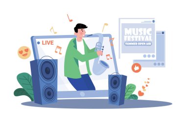 Müzisyen, konseri duyuru yoluyla destekliyor.