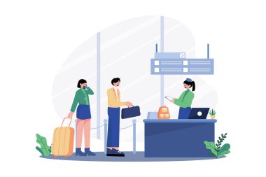 The flight attendant guides the passenger to check in at the counter