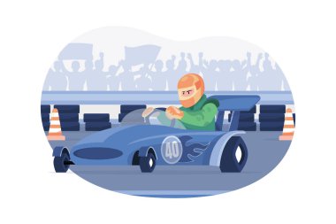 Karting Illustration konseptine binmek. Beyaz arkaplanda izole edilmiş düz bir illüstrasyon