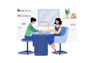 Manikürcüdeki kadın güzellik uzmanları tarafından manikür yaptırılıyor..