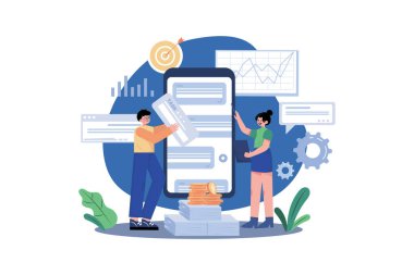 İş Yönetimi İllüstrasyon Konsepti. Beyaz arkaplanda izole edilmiş düz bir illüstrasyon