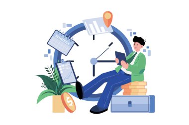 Çizelge Çizelgesi Konsepti ile İşadamı. Beyaz arkaplanda izole edilmiş düz bir illüstrasyon