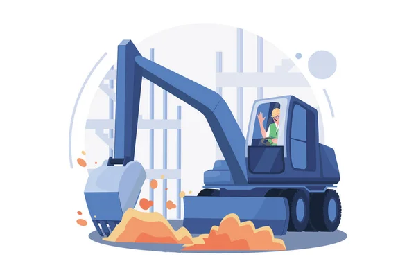 Truck Driver Rising Hand While Sitting Construction Truck — Stockvector