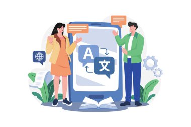 Çevirmen Illustration konsepti. Beyaz arkaplanda izole edilmiş düz bir illüstrasyon