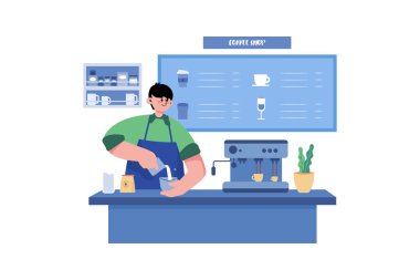 Barista Illustration konsepti. Beyaz arkaplanda izole edilmiş düz bir illüstrasyon