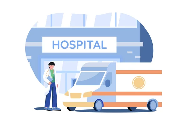 Krankenwagen Parkt Vor Krankenhausgebäude — Stockvektor