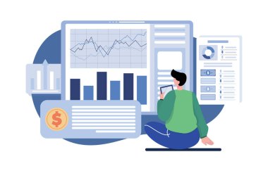 Finans İzleme Çizim Konsepti. Beyaz arkaplanda izole edilmiş düz bir illüstrasyon