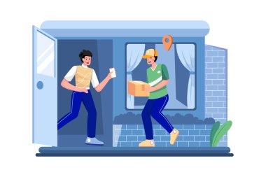 Kapıya paket var. Kurye alıcı kutusunu sunar.