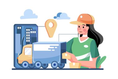 Teslimat kamyonu olan akıllı telefon, karton kutu taşıyan hızlı kurye..