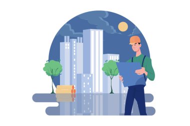 İnşaat işçileri inşaat planını kontrol ediyor.