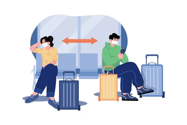 Soziale Distanzierung Flughafenkonzept Eine Flache Illustration Isoliert Auf Weißem Hintergrund — Stockvektor