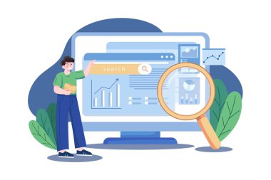 SEO Illustration konseptini kullanarak iş analizi. Beyaz arkaplanda izole edilmiş düz bir illüstrasyon