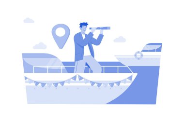 İnsanlar yabancı yerleri keşfetmek için tekneye biniyor.