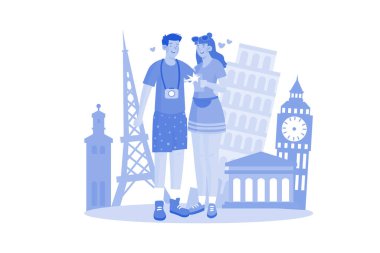 Bir çift güzel turistik yerlerde fotoğraf çekiyor.