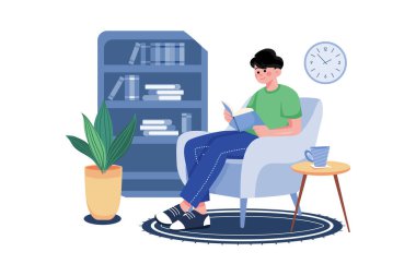 Adam evde rahatça otururken kitap okuyor.