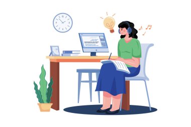 Müzik dinleyen ve zamanında ders çalışan bir kız.