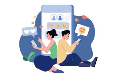 Mobil Illustration konsepti üzerine sohbet eden bir çift. Beyaz arkaplanda izole edilmiş düz bir illüstrasyon