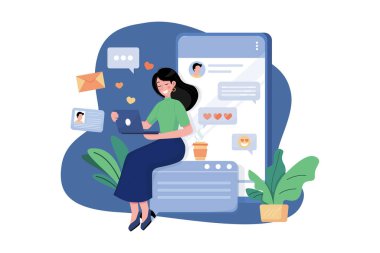 Online Flört Illustration konsepti yapan bir kız. Beyaz arkaplanda izole edilmiş düz bir illüstrasyon