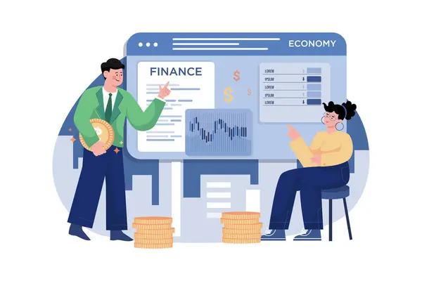 Financiën Economie Illustratie Concept Een Platte Illustratie Geïsoleerd Witte Achtergrond — Stockvector