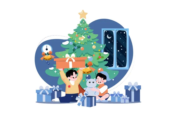Niño Feliz Con Regalos Navidad — Vector de stock