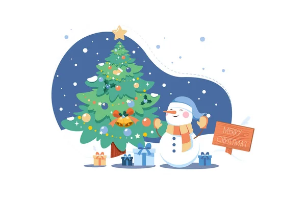 Árbol Navidad Con Muñeco Nieve Concepto Ilustración Sobre Fondo Blanco — Vector de stock