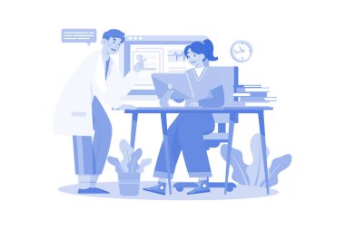 Tıbbi yardımcı bilgisayardaki tıbbi verileri kontrol ediyor