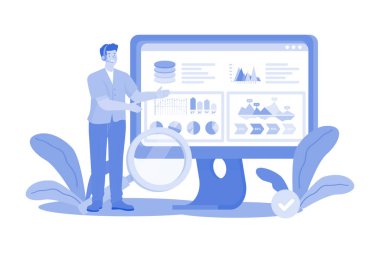 Beyaz arkaplan üzerindeki İşadamı Kontrol Paneli Resimlerini Analiz Ediyor