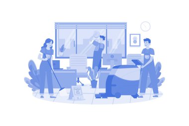 Beyaz arkaplan üzerine İşçi Temizlik Ofisi Illustration kavramı