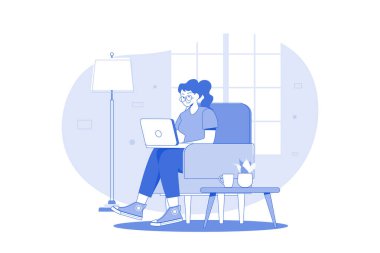 Laptop Illustration üzerinde çalışan kız konsepti. Beyaz arkaplanda izole edilmiş düz bir illüstrasyon