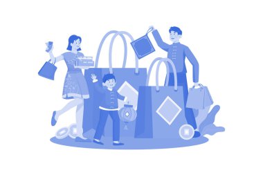 Aile yeni yıl alışverişi. Beyaz arkaplan üzerine resim konsepti