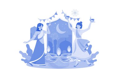 Women Dance With Light Diyas Diwali Lamps At Night