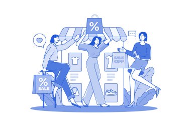 Elinde indirim torbaları olan bir grup mutlu kadın.