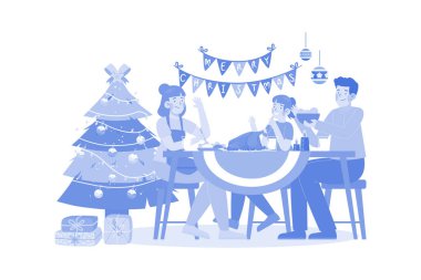 Aile Noel gecesi yemek servisi yapıyor.