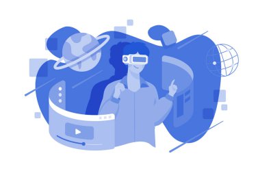 Adam metaverse Illustration konseptini kullanarak çalışıyor. Beyaz arkaplanda izole edilmiş düz bir illüstrasyon