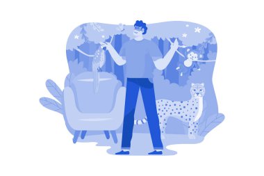 Sanal Hayvanat Bahçesi Illustration konseptini deneyimleyen bir adam. Beyaz arkaplanda izole edilmiş düz bir illüstrasyon