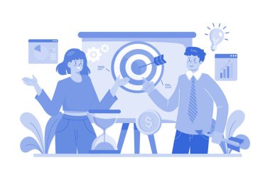 Erkek ve kadın çalışanlar hedef üzerinde çalışıyor.