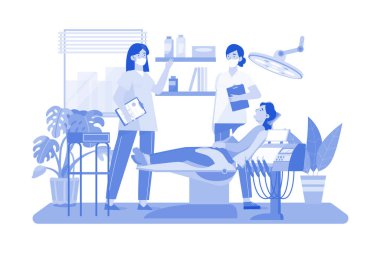 Diş hekimi, hastanın dişlerini kontrol ediyor..