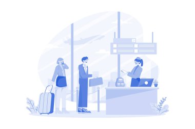 The flight attendant guides the passenger to check in at the counter